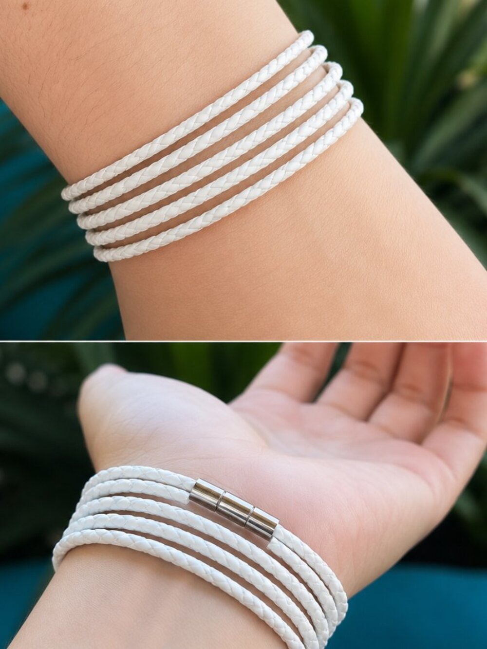 WHITE Braided Leather Wrap Bracelet – Magnetic Clasp | Multiple Colors | 35.5"